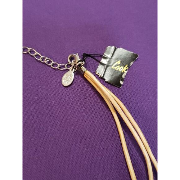 Cookie Lee Signed Layered Necklace Coated Tan Cord Silver Tone Curved Bars - Picture 4 of 8